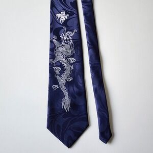 Rene Chagal Dragon Necktie Tie Navy Blue Silk Jacquard Asian Art Y2K Mythical